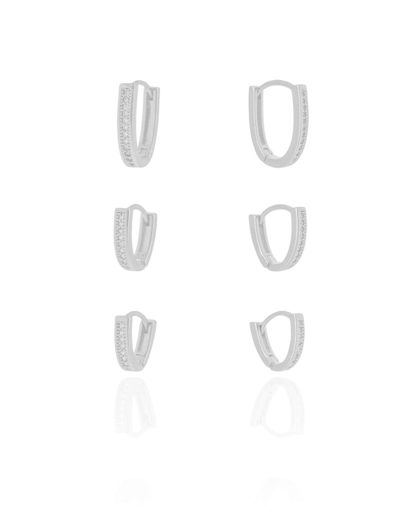 Trio de Argolas em U Cravejadas Cristal Ródio Branco