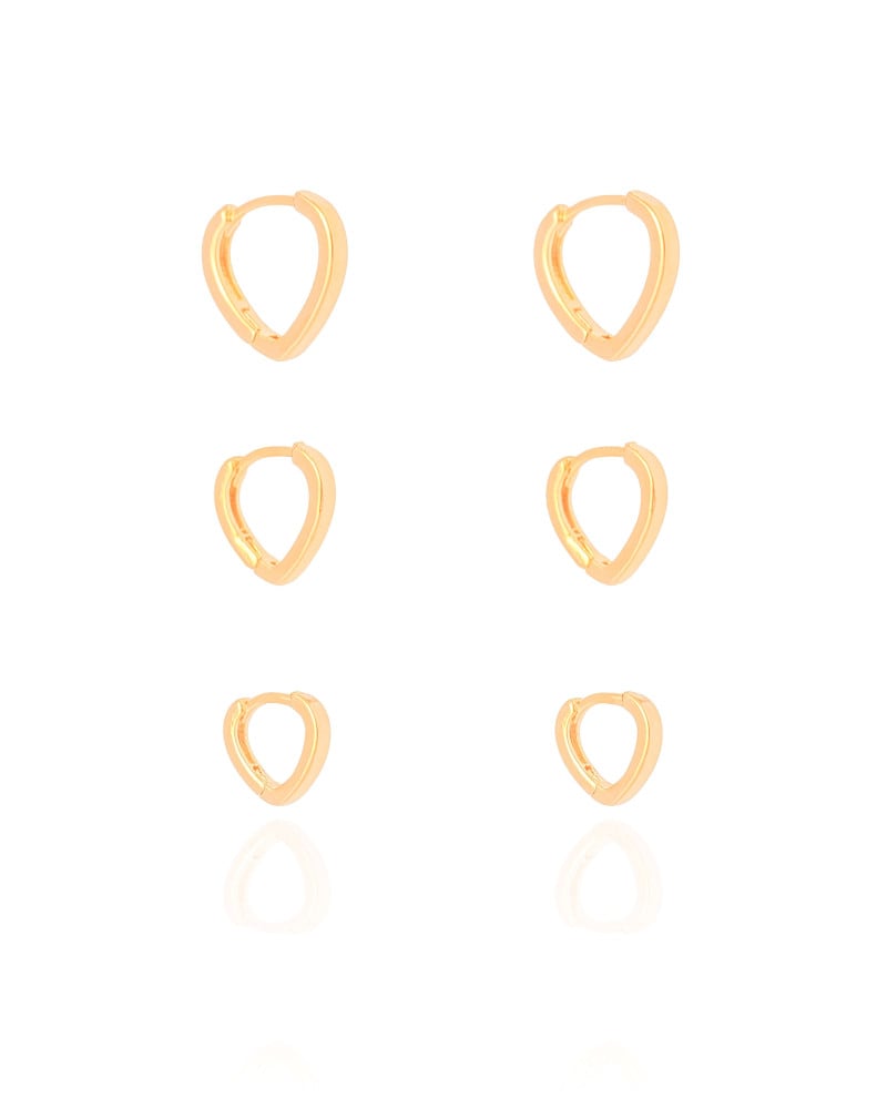 Trio de Argolas Coração Liso Banhado a Ouro 18K