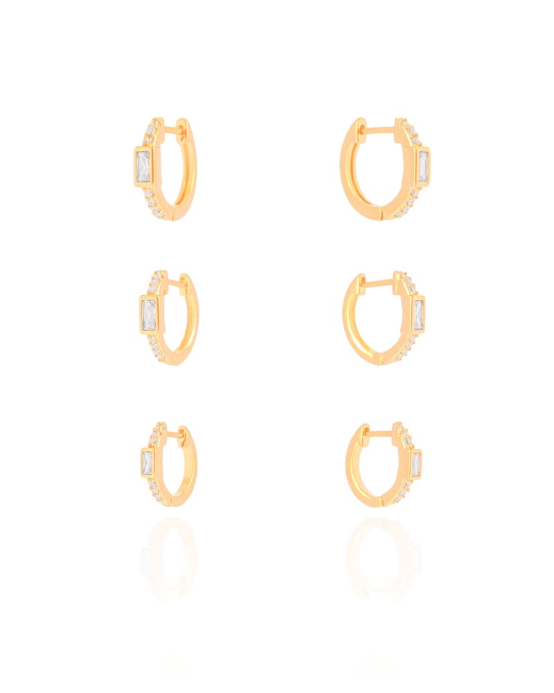 Trio de Argolas Baguetes Cravejado Cristal Banhado a Ouro 18K