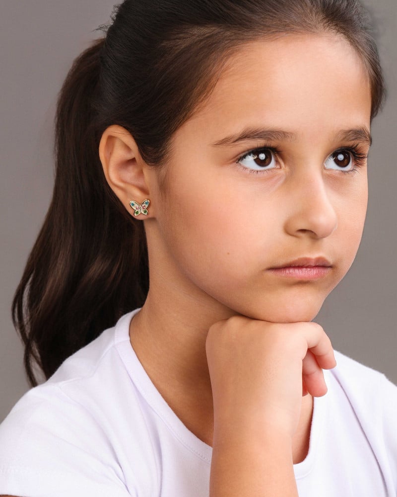 Brinco Infantil Borboleta Colorida 9 mm Banhado a Ouro 18K