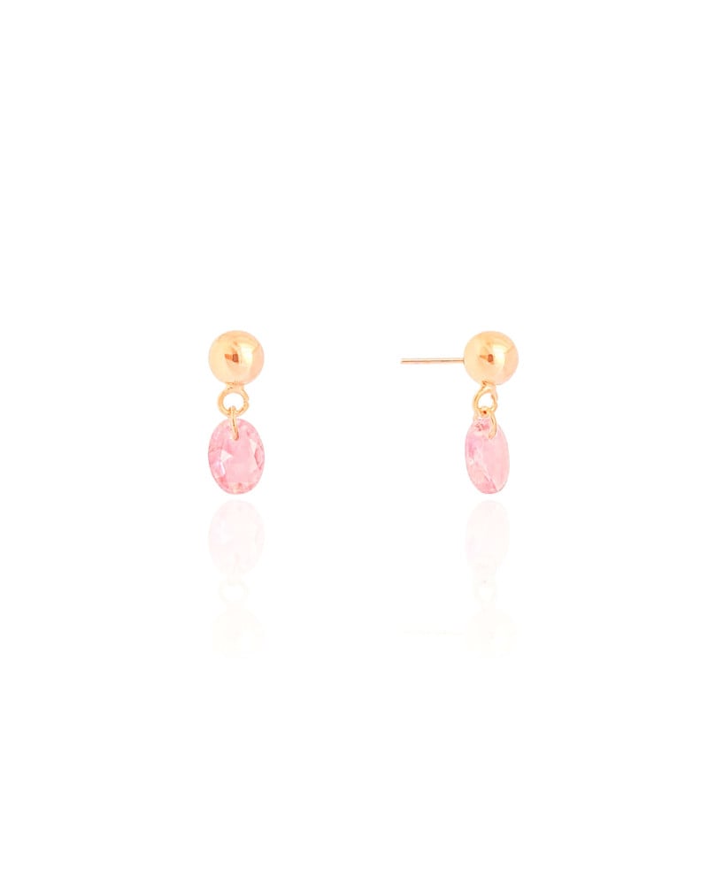 Brinco Infantil Bolinha Safira Rosa Oval Banhado a Ouro 18K