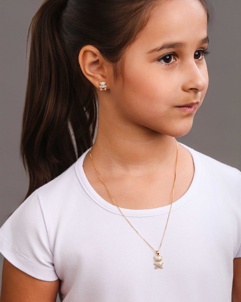 Brinco Infantil Ursinho Coração Cravejado Cristal Banhado a Ouro 18K