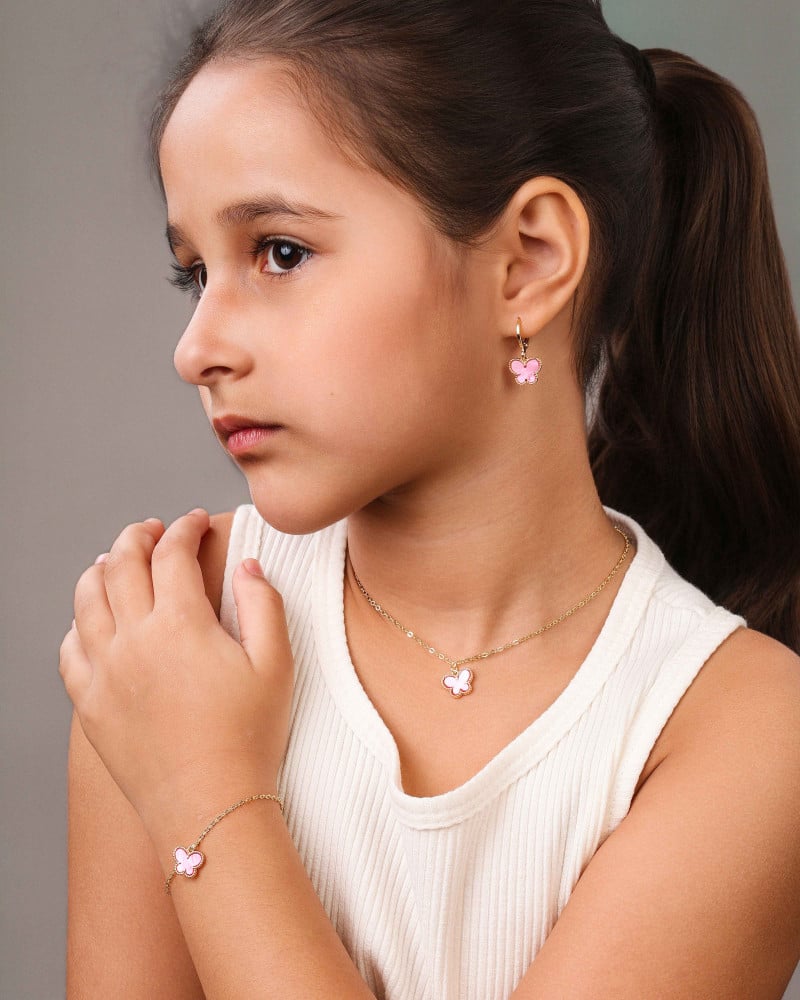 Pulseira Infantil Boboleta Rosa Banhado a Ouro 18K