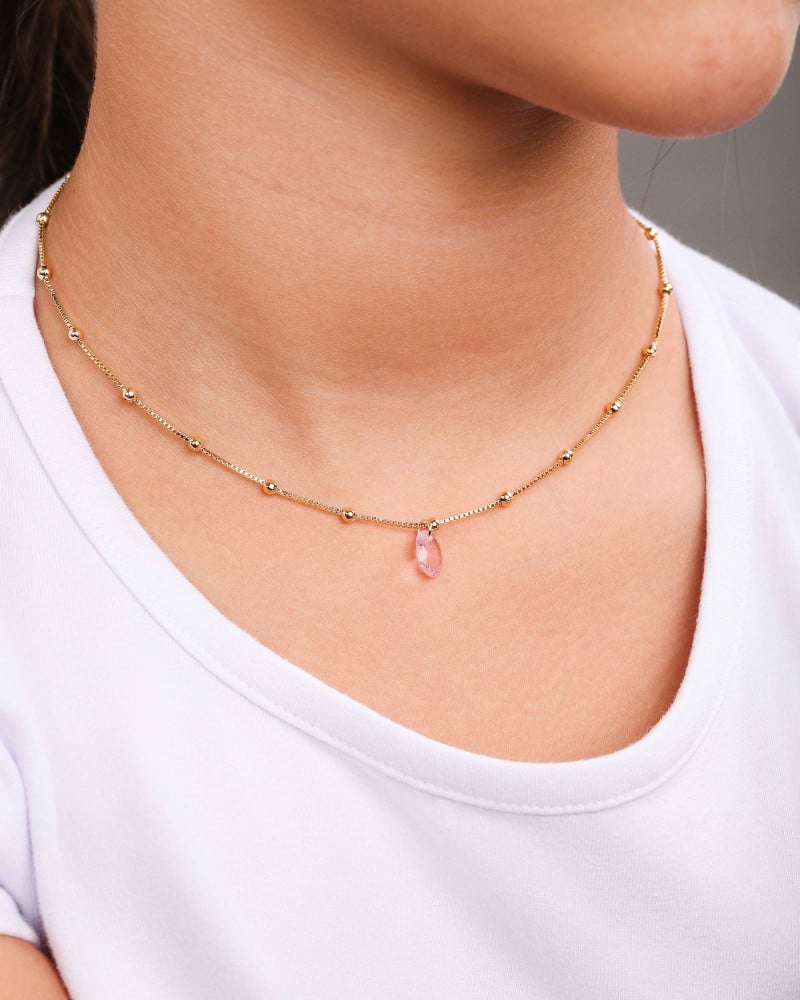 Gargantilha Infantil Bolinhas Cristal Oval Safira Rosa Banhado a Ouro 18K - 30 cm