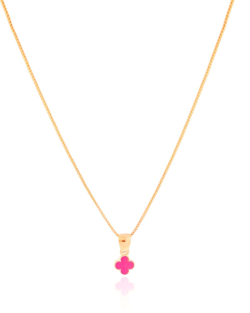 Gargantilha Infantil Trevo Rosa 7 mm Banhado a Ouro 18K - 35 cm