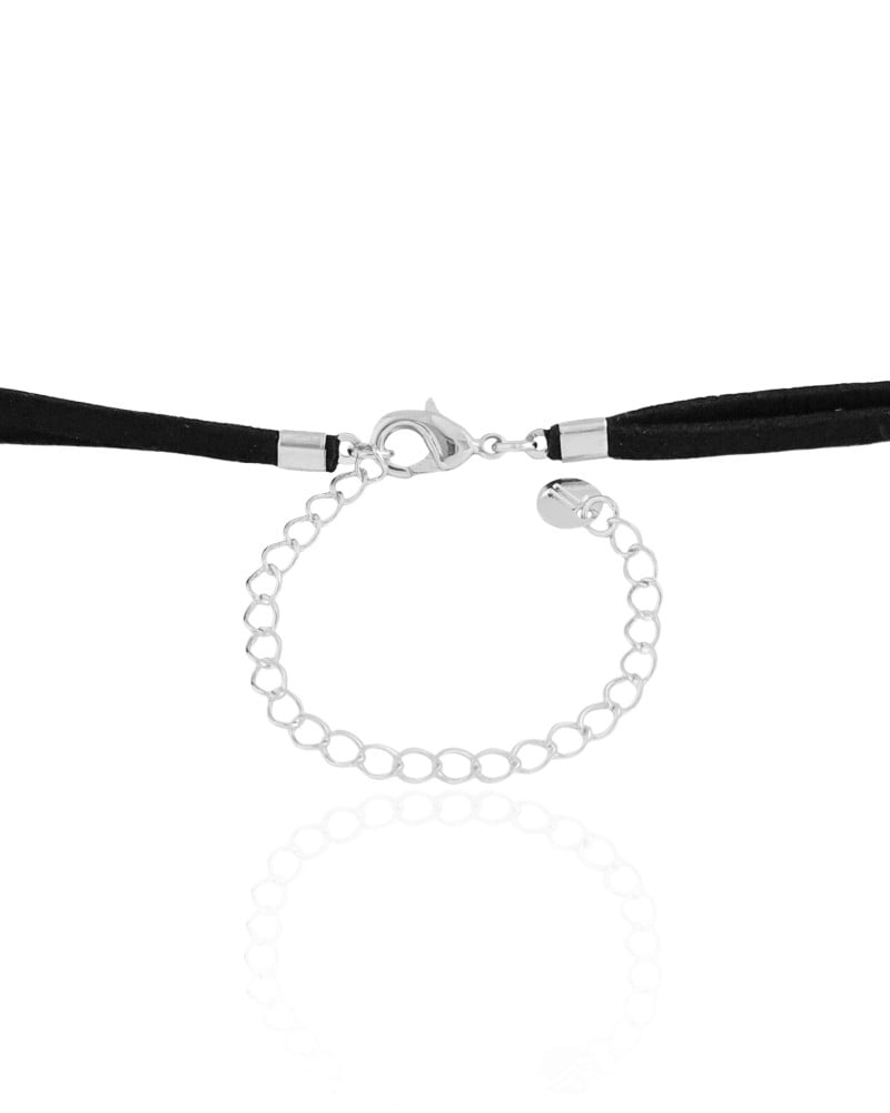 Gargantilha Gravata Dupla Camurça Preta Retângulos Ródio Branco - 30 cm