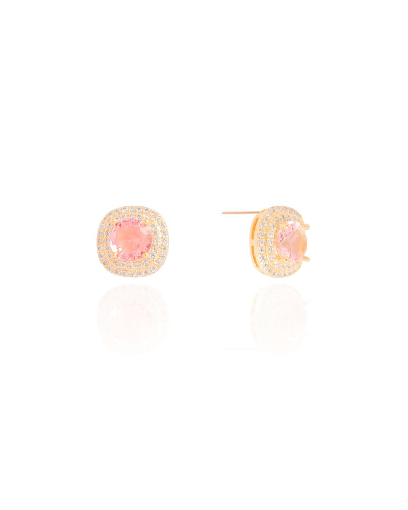 Brinco Quadrado Ponto de Luz Safira Rosa Cravejado Cristal Banhado a Ouro 18K