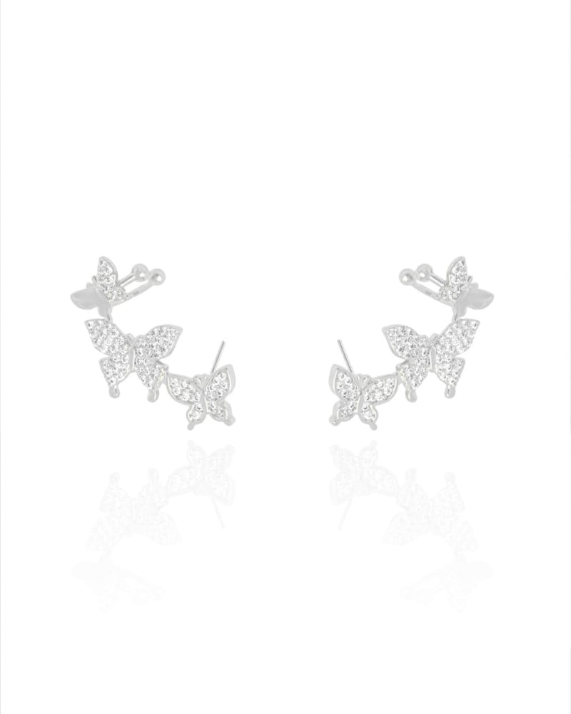 Ear Cuff Borboletas Cravejadas Cristal 2.6 cm Ródio Branco