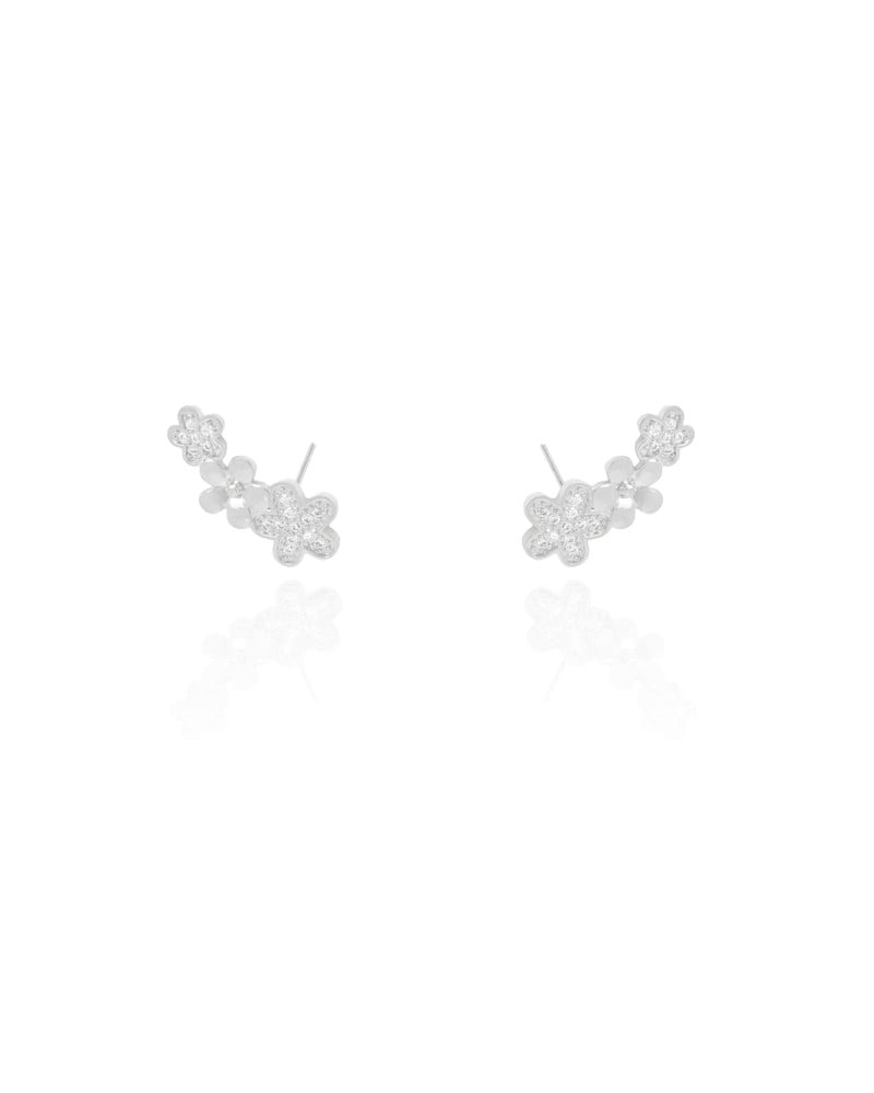 Ear Cuff Flores Lisas e Cravejadas Cristal Ródio Branco