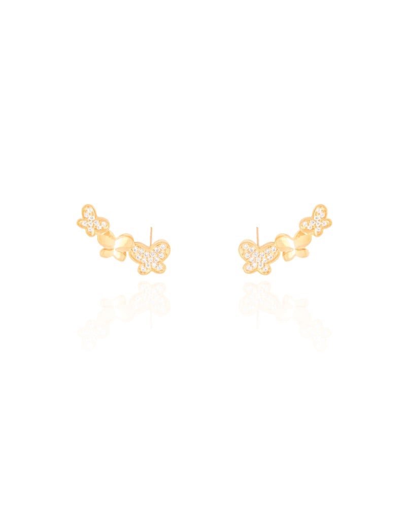 Ear Cuff Borboletas Lisas e Cravejadas Cristal Banhado a Ouro 18K