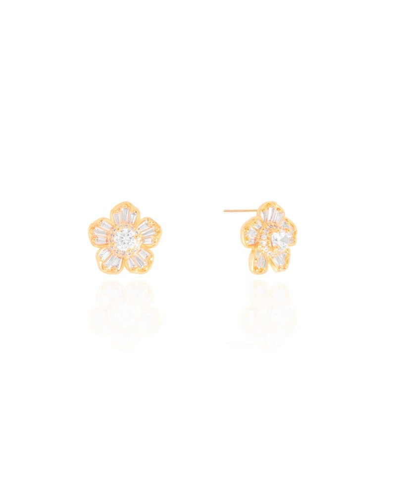 Brinco Flor Baguetes Cristal 1.3 cm Banhado a Ouro 18K