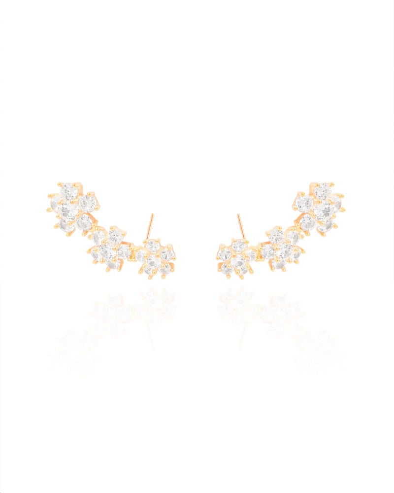 Ear Cuff Flores Cravejadas Cristal Banhado a Ouro 18K