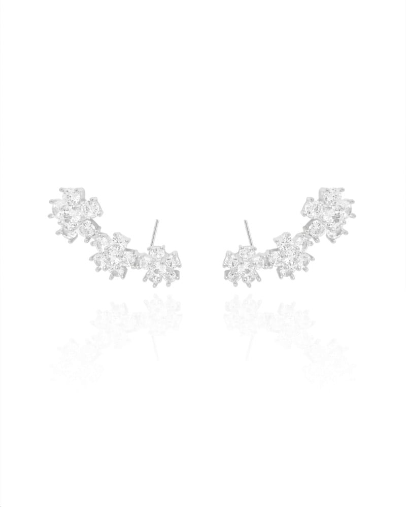 Ear Cuff Flores Cravejadas Cristal Ródio Branco