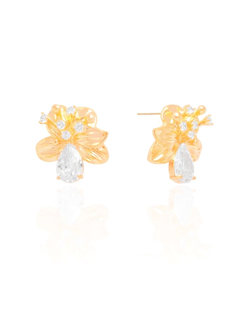 Brinco Flor Gota Pontos de Luz Cristal Banhado a Ouro 18K
