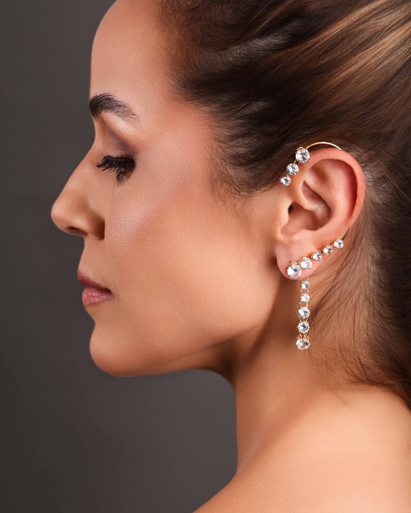 Ear Cuff Franja Pontos de Luz Cristal Banhado a Ouro 18K