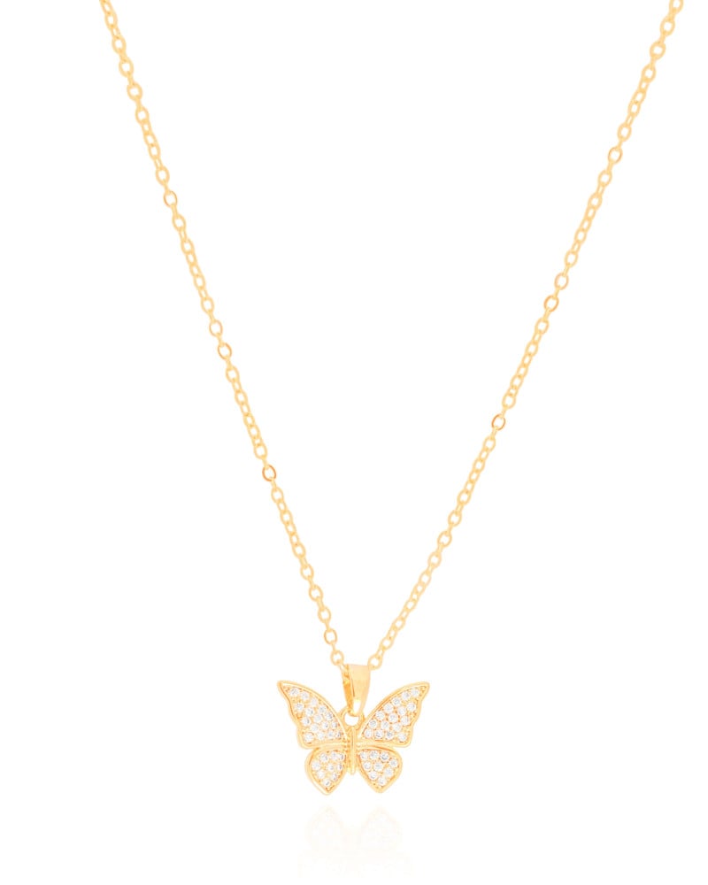 Gargantilha Elos Borboleta Cravejada Cristal 1.3 cm Banhado a Ouro 18K - 45 cm