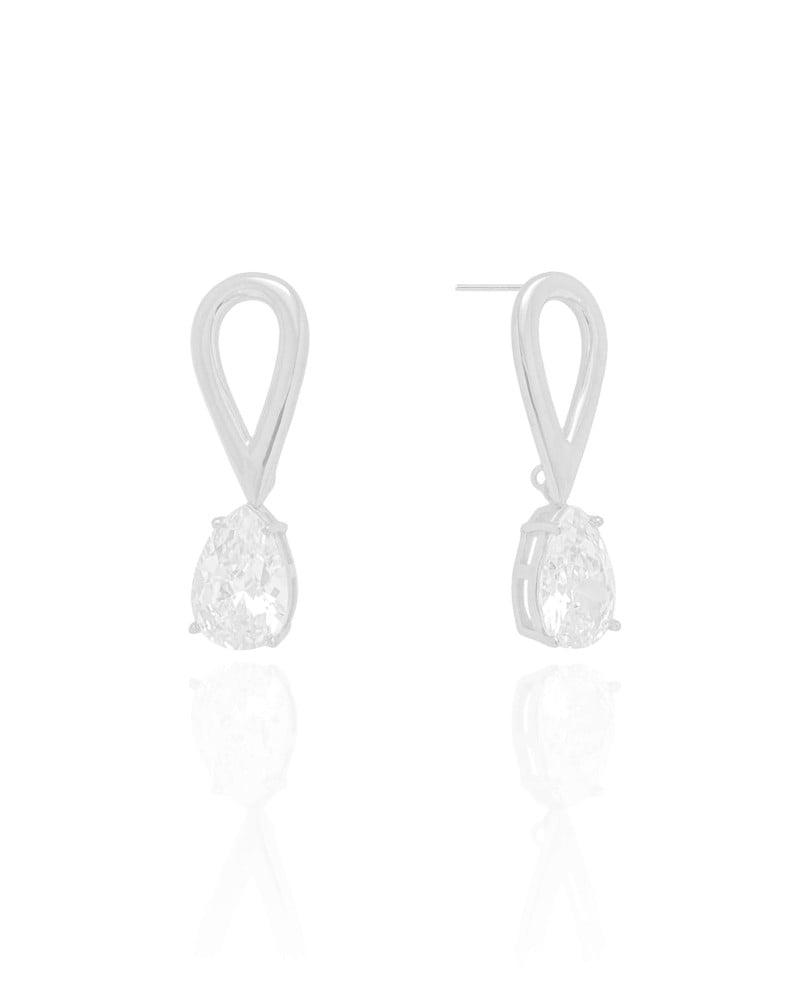 Brinco Gota Dupla Vazado Cristal Ródio Branco