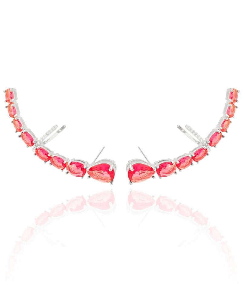 Ear Cuff Pontos de Luz Ovais Rubi Cravejado Cristal Ródio Branco