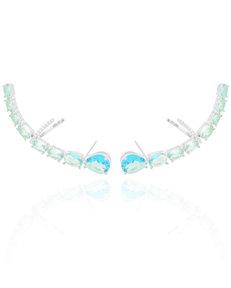 Ear Cuff Pontos de Luz Ovais Topázio Sky Cravejado Cristal Ródio Branco