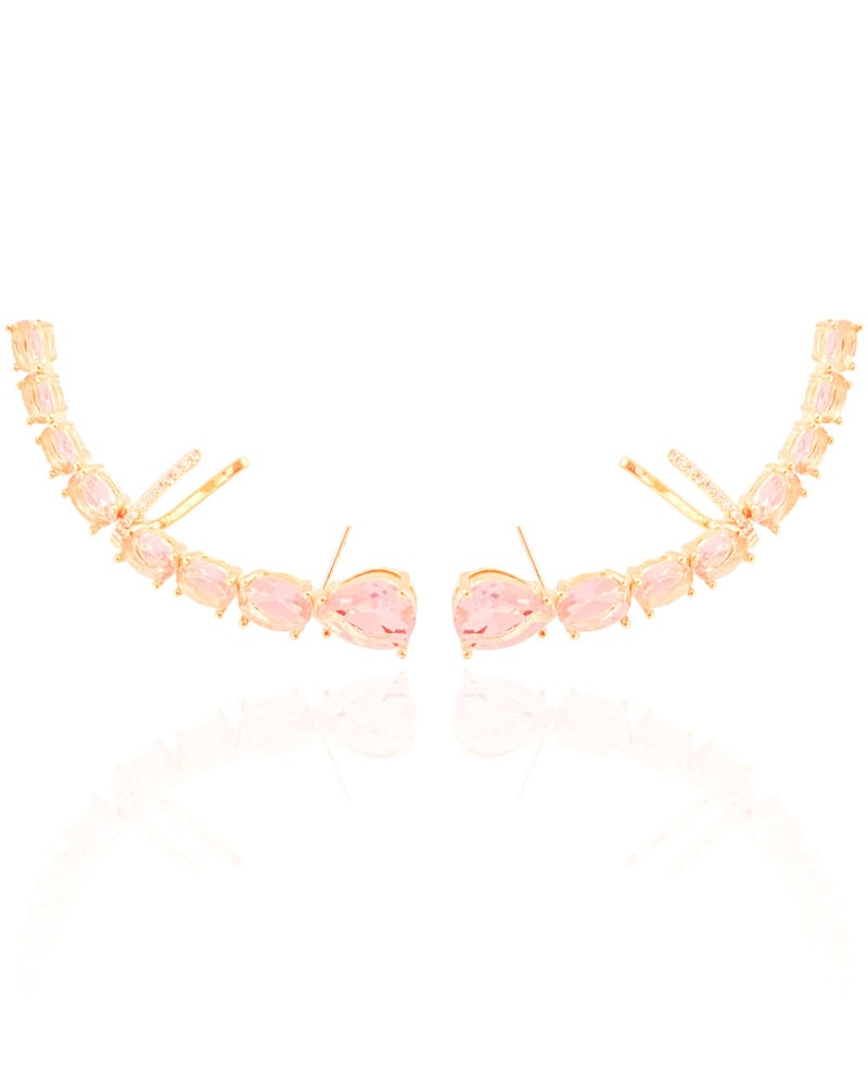 Ear Cuff Pontos de Luz Ovais Safira Rosa Cravejado Cristal Banhado a Ouro 18K