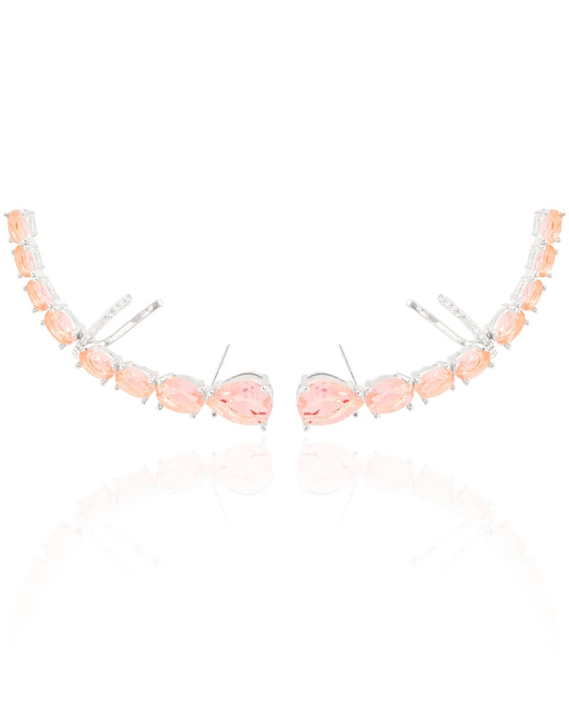 Ear Cuff Pontos de Luz Ovais Safira Rosa Cravejado Cristal Ródio Branco
