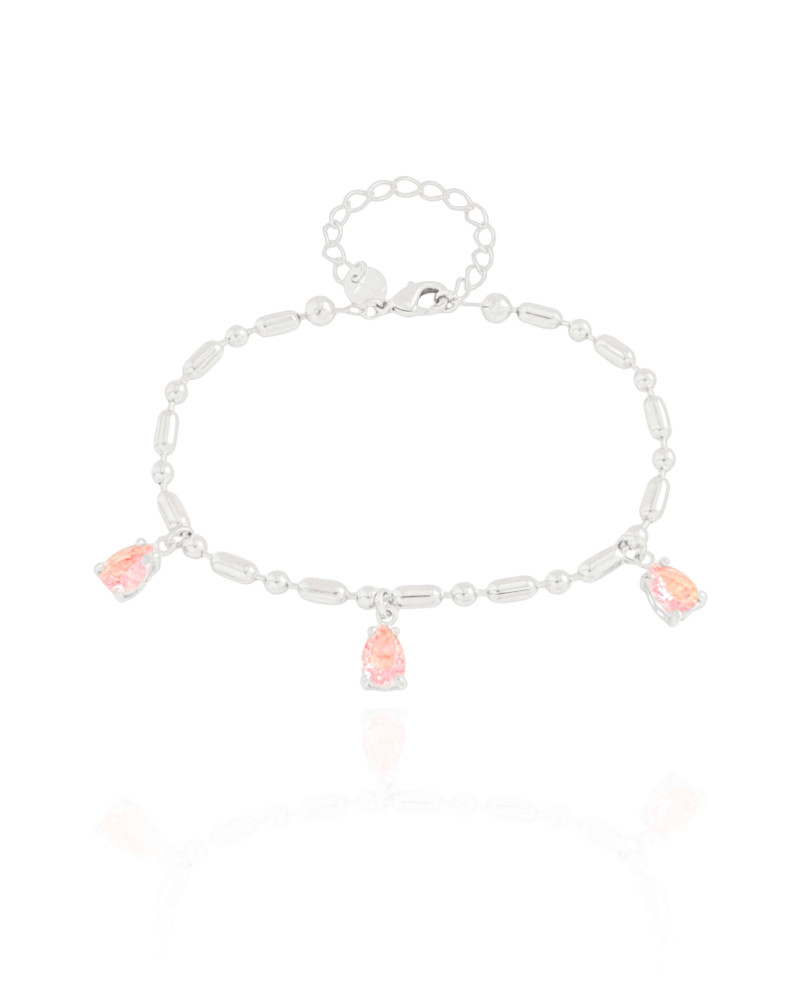 Pulseira Gomos Gotas Safira Rosa Ródio Branco