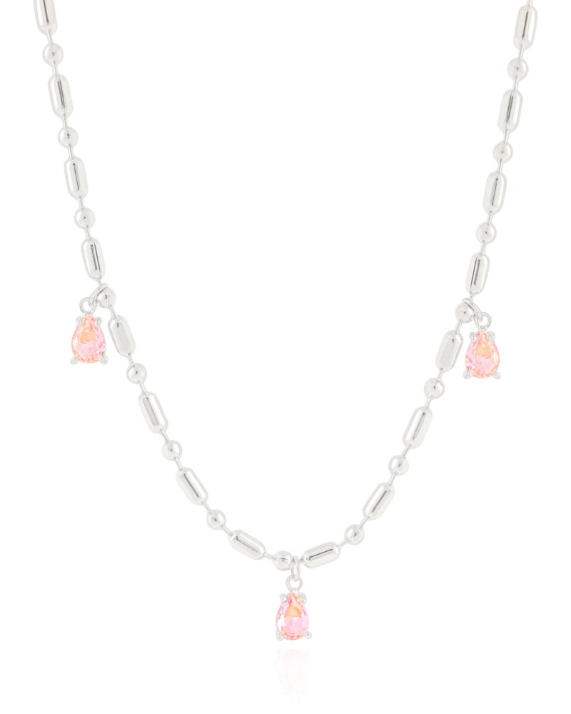 Gargantilha Gomos Gotas Safira Rosa Ródio Branco - 40 cm