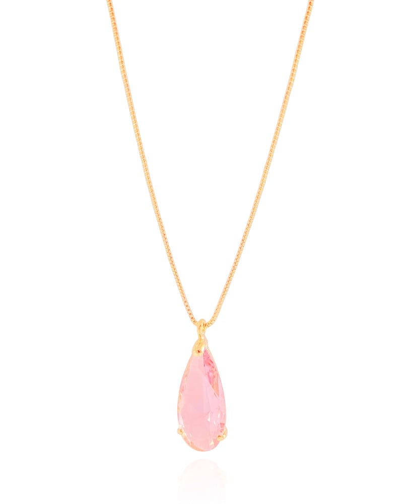 Gargantilha Longa Gota Safira Rosa 2.6 cm Banhado a Ouro 18K - 60 cm
