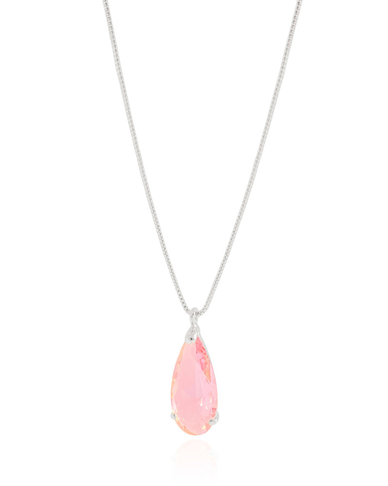Gargantilha Longa Gota Safira Rosa 2.6 cm Ródio Branco - 60 cm