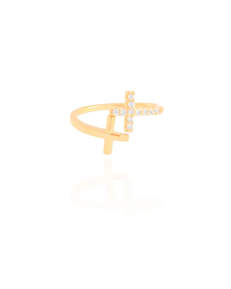 Anel Ajustável Cruz Cravejada e Lisa Tamanho P Banhado a Ouro 18K