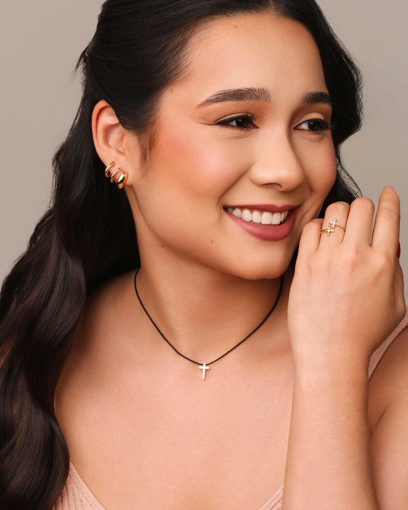 Anel Ajustável Cruz Cravejada e Lisa Tamanho P Banhado a Ouro 18K