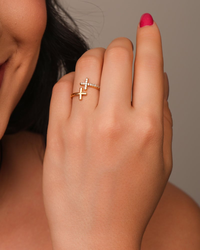 Anel Ajustável Cruz Cravejada e Lisa Tamanho P Banhado a Ouro 18K