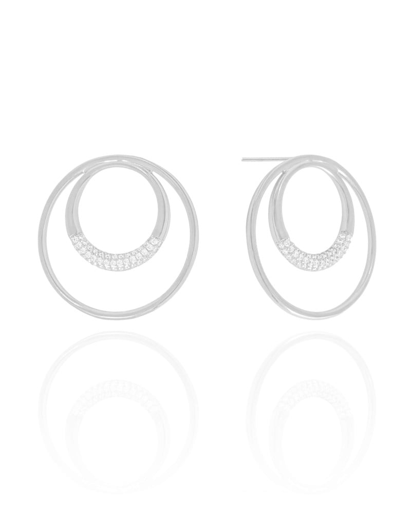 Brinco Argola Frontal Dupla Cravejada Cristal 2.9 cm Ródio Branco