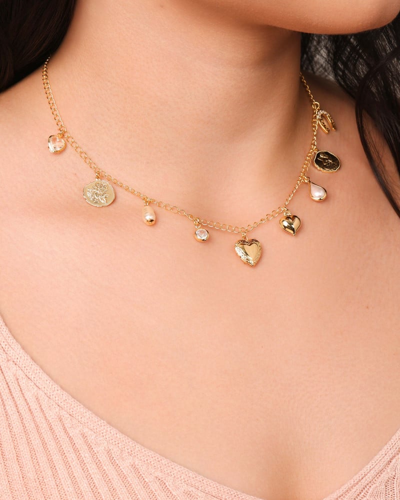 Relicário Coração Medalhas Cravejado Cristal Banhado a Ouro 18K - 40 cm