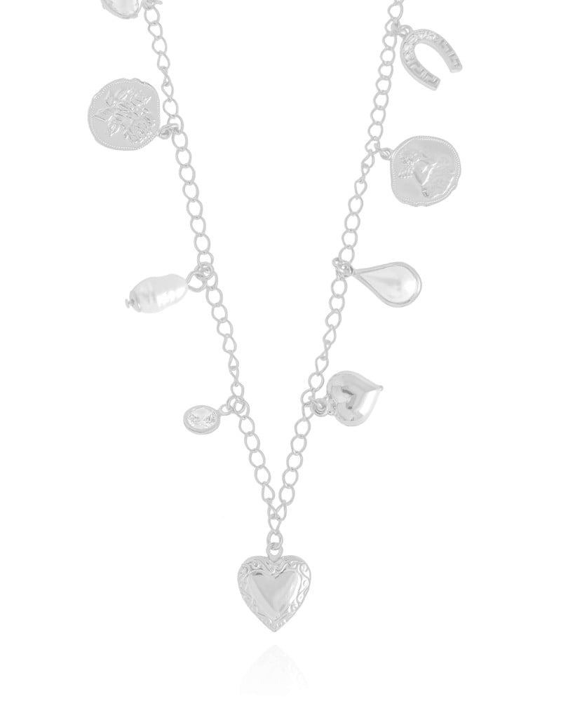 Relicário Coração Medalhas Cravejado Cristal Ródio Branco - 40 cm