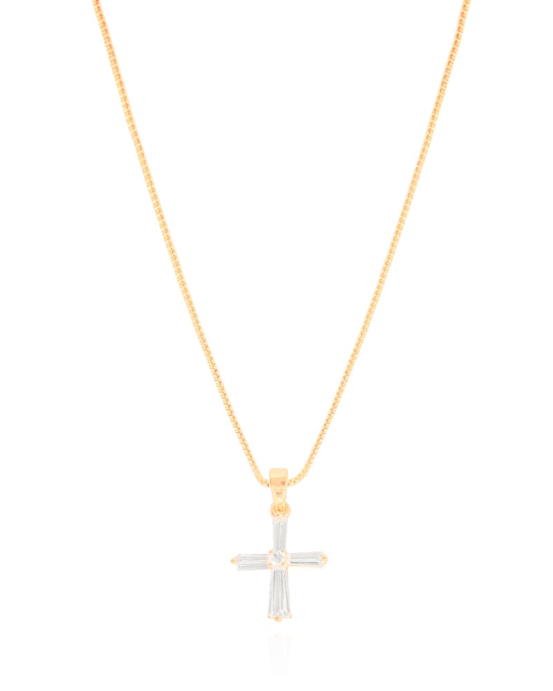 Gargantilha Veneziana Cruz Baguetes Cristal Banhado a Ouro 18K - 45 cm