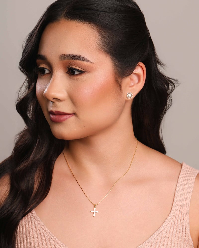 Gargantilha Veneziana Cruz Baguetes Cristal Banhado a Ouro 18K - 45 cm