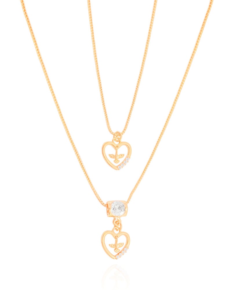Gargantilha Dupla Corações Espirito Santo Cravejado Cristal Banhado a Ouro 18K