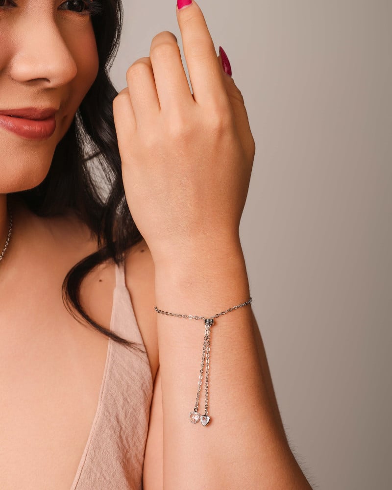 Pulseira Elos Corações Cristal Fecho Gravata Ródio Branco