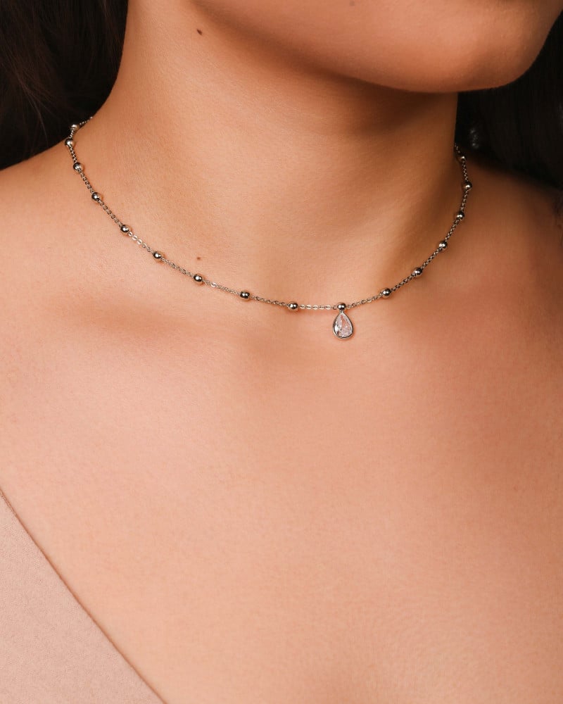 Gargantilha Elos Bolinhas Gota Cristal Ródio Branco - 40 cm