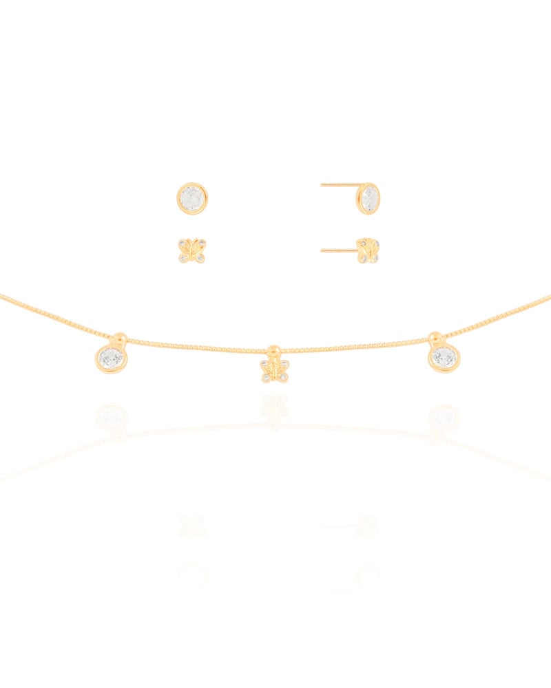 Conjunto Borboleta e Ponto de Luz Cristal Banhado a Ouro 18K