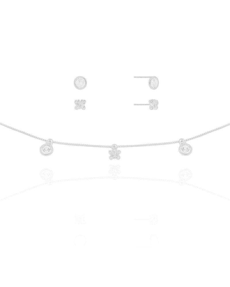 Conjunto Borboleta e Ponto de Luz Cristal Ródio Branco