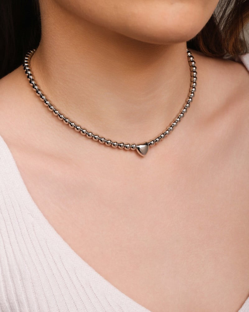 Choker Bolinhas Coração Liso Ródio Branco