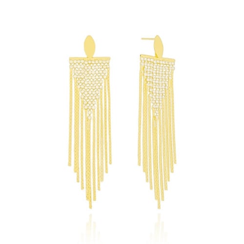 Brinco Base Oval Franja Cravejada Cristal Banhado a Ouro 18K