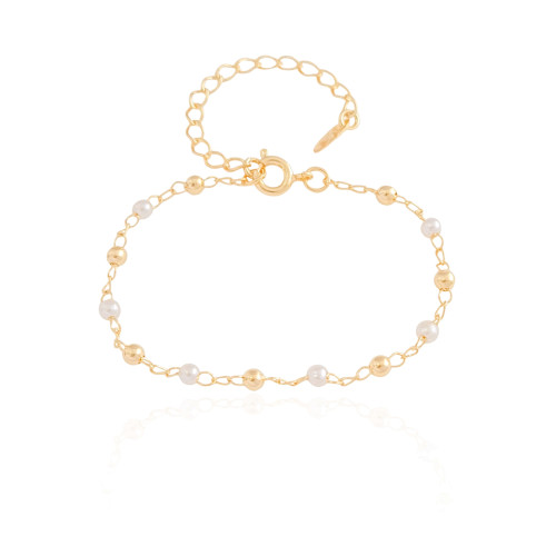 Pulseira Infantil Pérola e Bolinhas Banhado a Ouro 18K