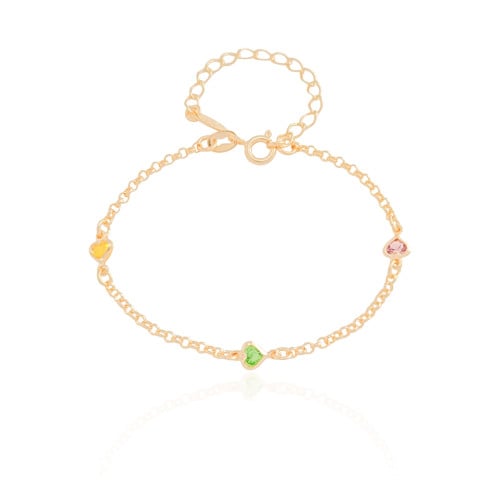 Pulseira Infantil Elos Portugueses Corações Coloridos Banhado a Ouro 18K