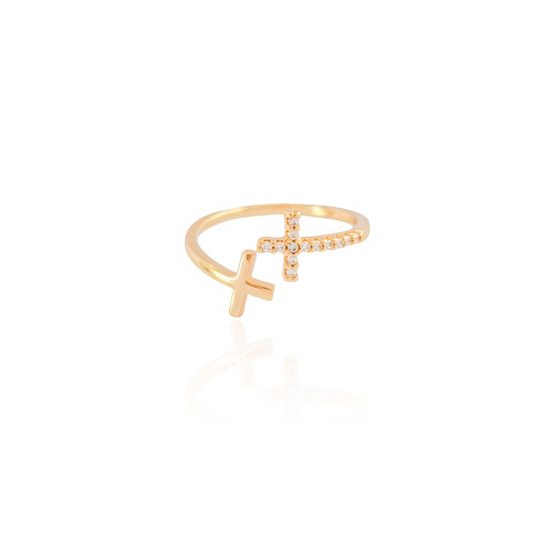 Anel Ajustável Cruz Cravejado Cristal Tamanho P Banhado a Ouro 18K