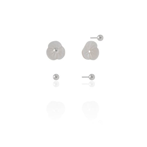 Brinco Duplo Flor Bolinha Lisa Ródio Branco