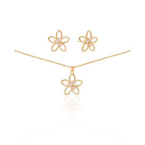 Conjunto Flor Cravejada Geométrica Cristal Banhado a Ouro 18K