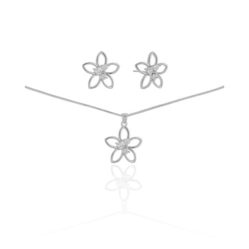 Conjunto Flor Cravejada Geométrica Cristal Ródio Branco